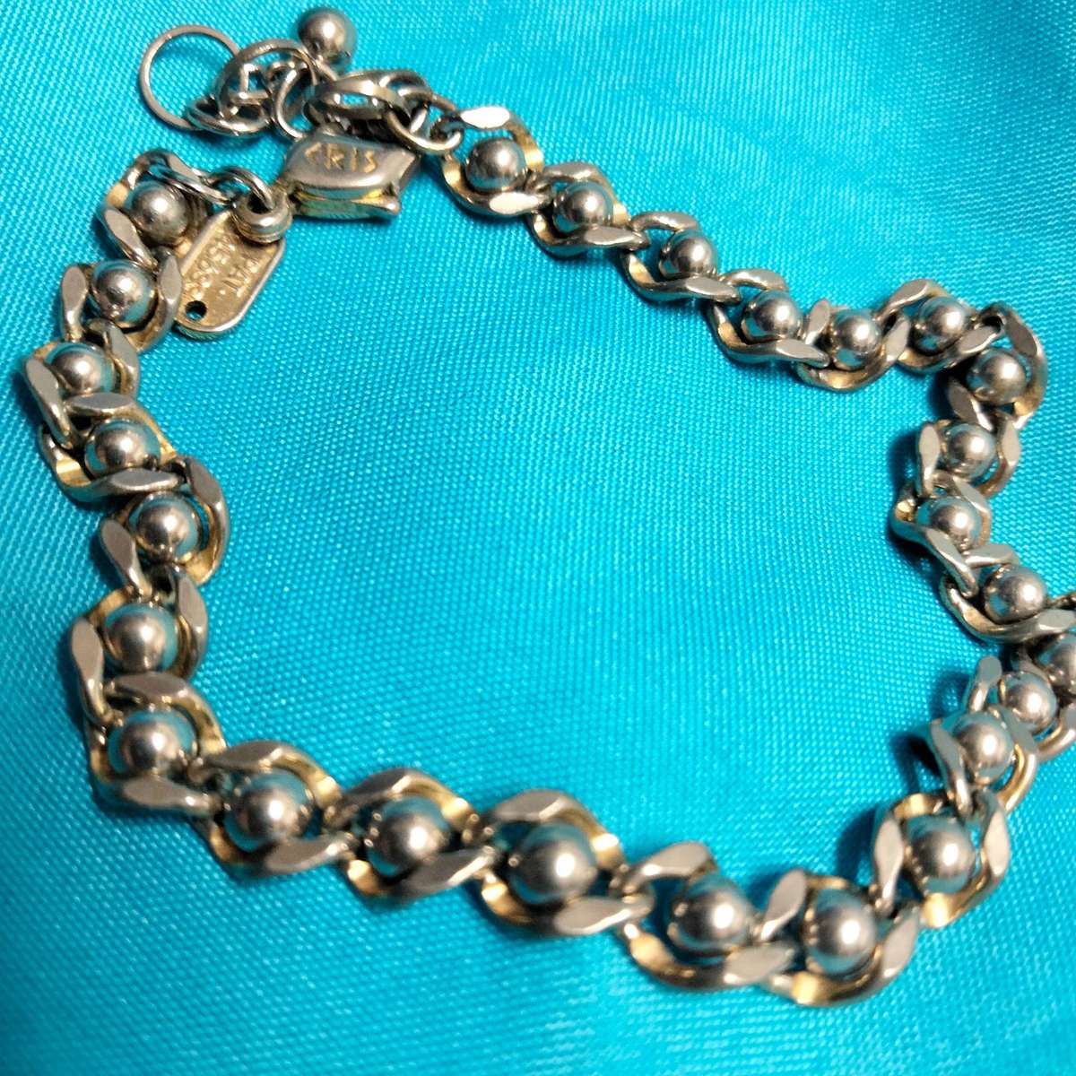 Bracelet vintage Stamped < CRIS  NS Bracelet Flat Curb ball link   Gold/Silver tone plate
