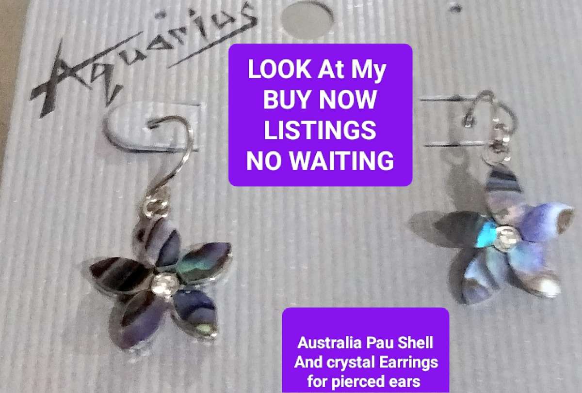 EARRINGS- SMALL flower SHAPE  centre has crystal PAUA SHELL leaves for pierced ears TONE METAL
