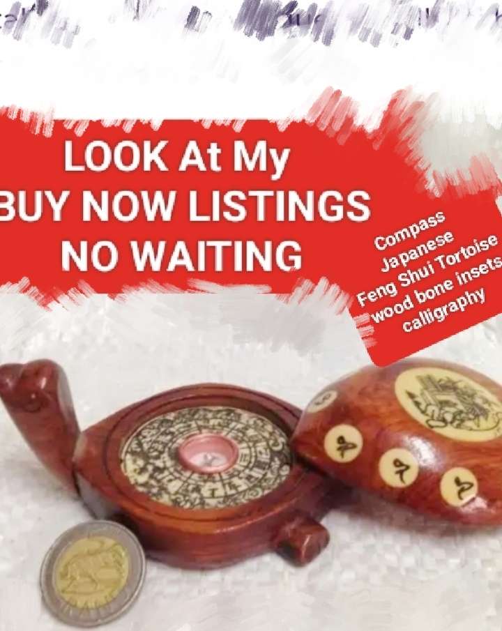 Compass - ORIENTAL c 1949/50 Japanese Feng Shui Tortoise Wood bone  insets Calligraphy
