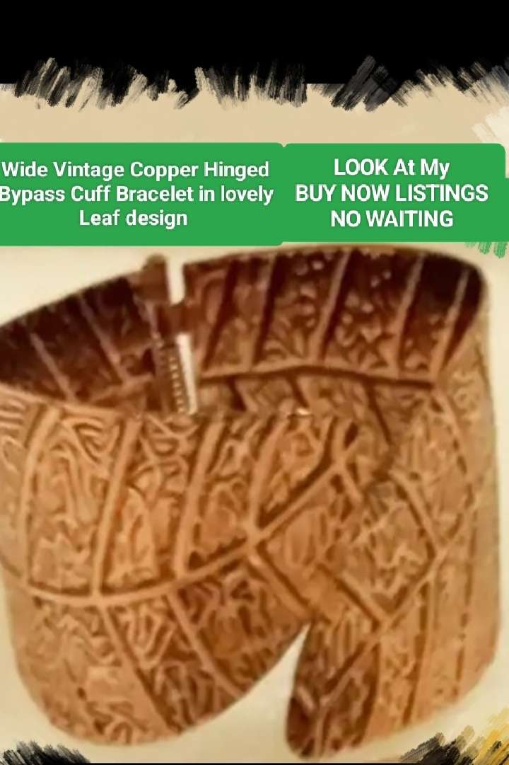 Bangle wide Copper vintage - bypass  cuff - Leaf design