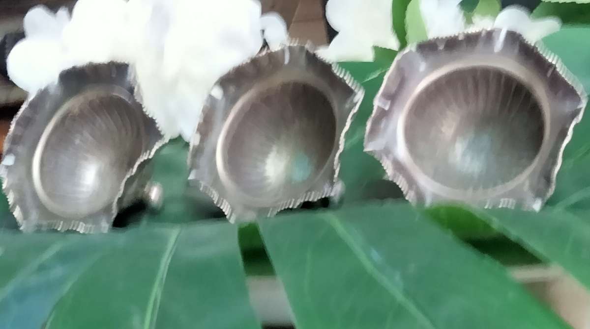 3 Silver plate open Salts - Cauldron bun feet  Scalloped Serated top - small - Inner verdigris