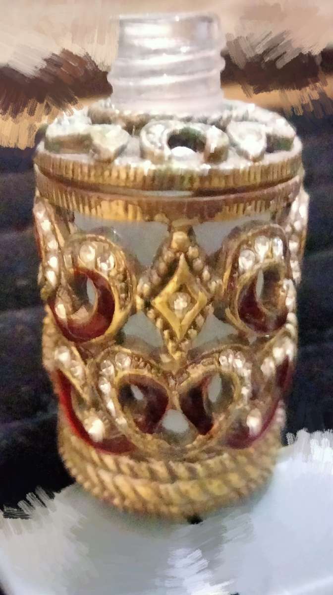 PERFUME bottle HEARTS crossover Red Enameled+Crystals+Stoper finial faceted Crystal + metal dauber