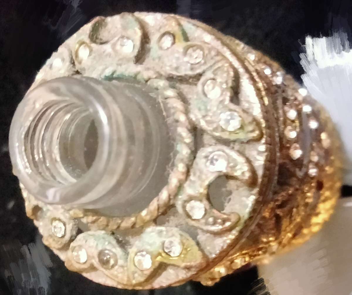 PERFUME bottle HEARTS crossover Red Enameled+Crystals+Stoper finial faceted Crystal + metal dauber