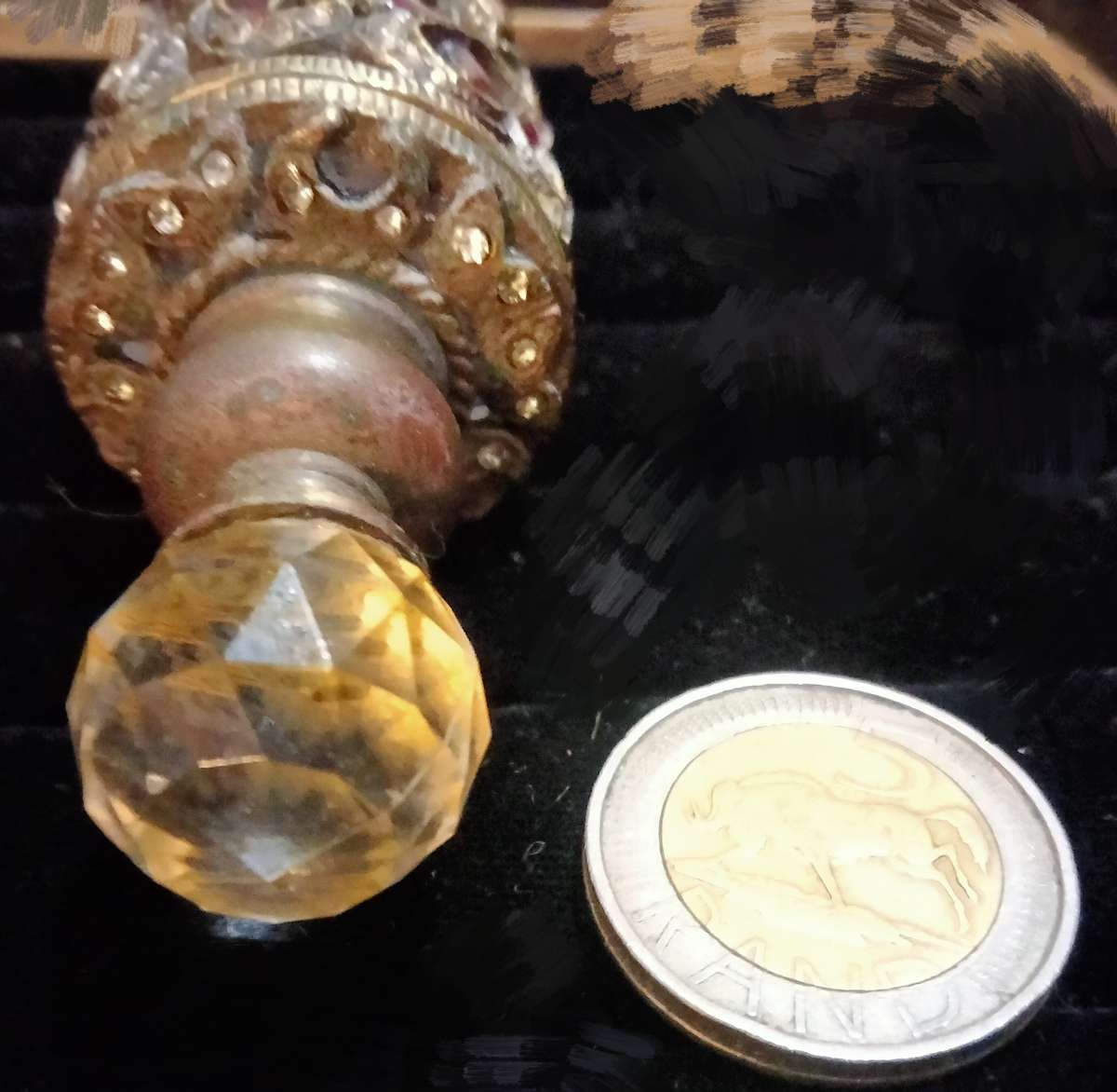 PERFUME bottle HEARTS crossover Red Enameled+Crystals+Stoper finial faceted Crystal + metal dauber