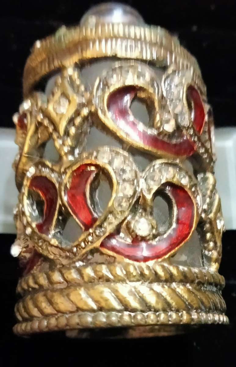 PERFUME bottle HEARTS crossover Red Enameled+Crystals+Stoper finial faceted Crystal + metal dauber