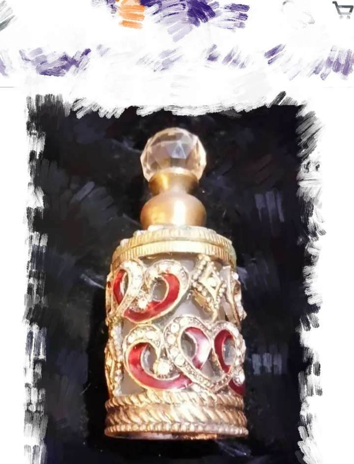 PERFUME bottle HEARTS crossover Red Enameled+Crystals+Stoper finial faceted Crystal + metal dauber