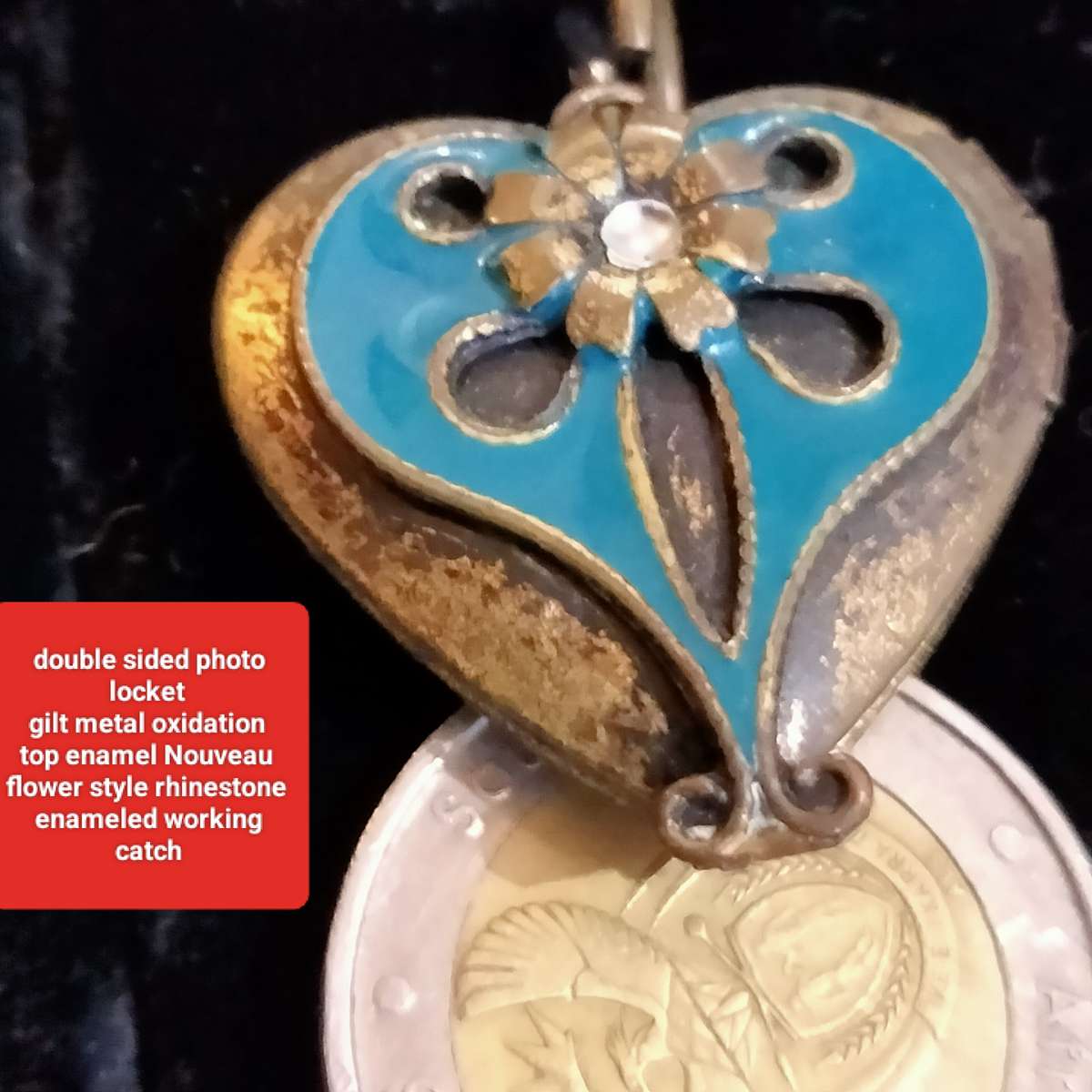 Pendant Heart Double sided hinged Nouveau style oxidised tone+1 chain metal tone+COIN Purse