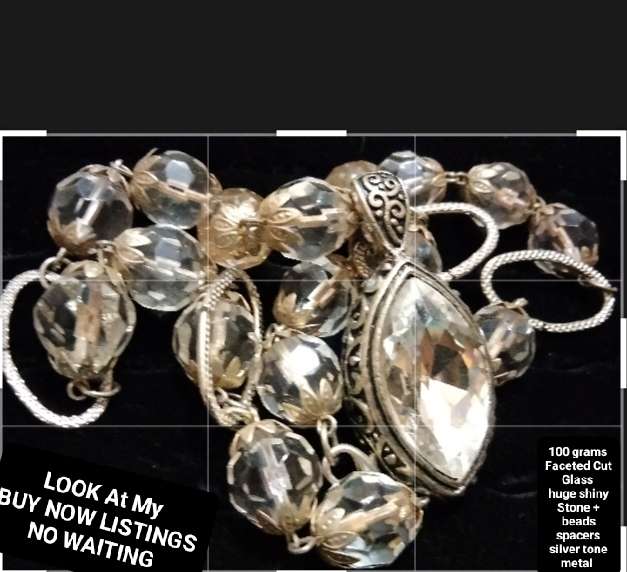 Necklace Huge Cut Glass Faceted SPARKLING Stone + round beads Czech or Italy