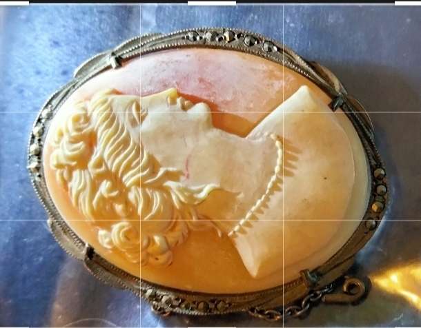 1900s Cameo Brooch .800 Silver with Safety Chain and Marcasite
