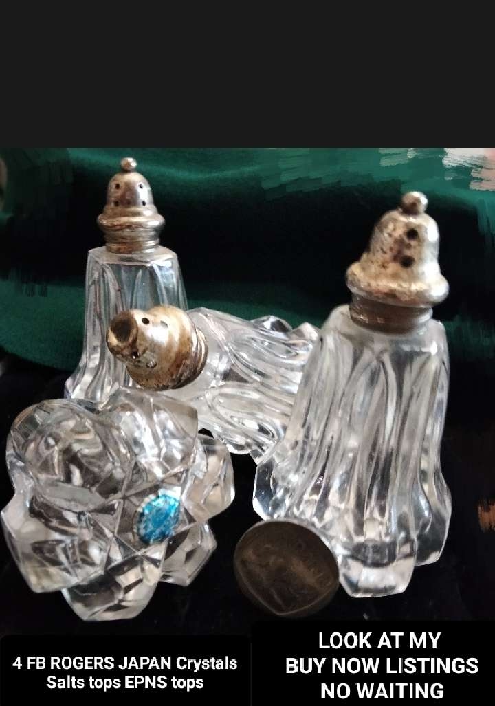 SALTS - 4 FB Rogers Crystal Japan glass salt+pepper shakers + EPNS* Lids+