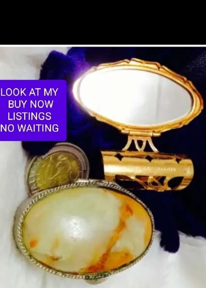 Pill box metal onyx top + Lipstick holder Gold tone has mirror