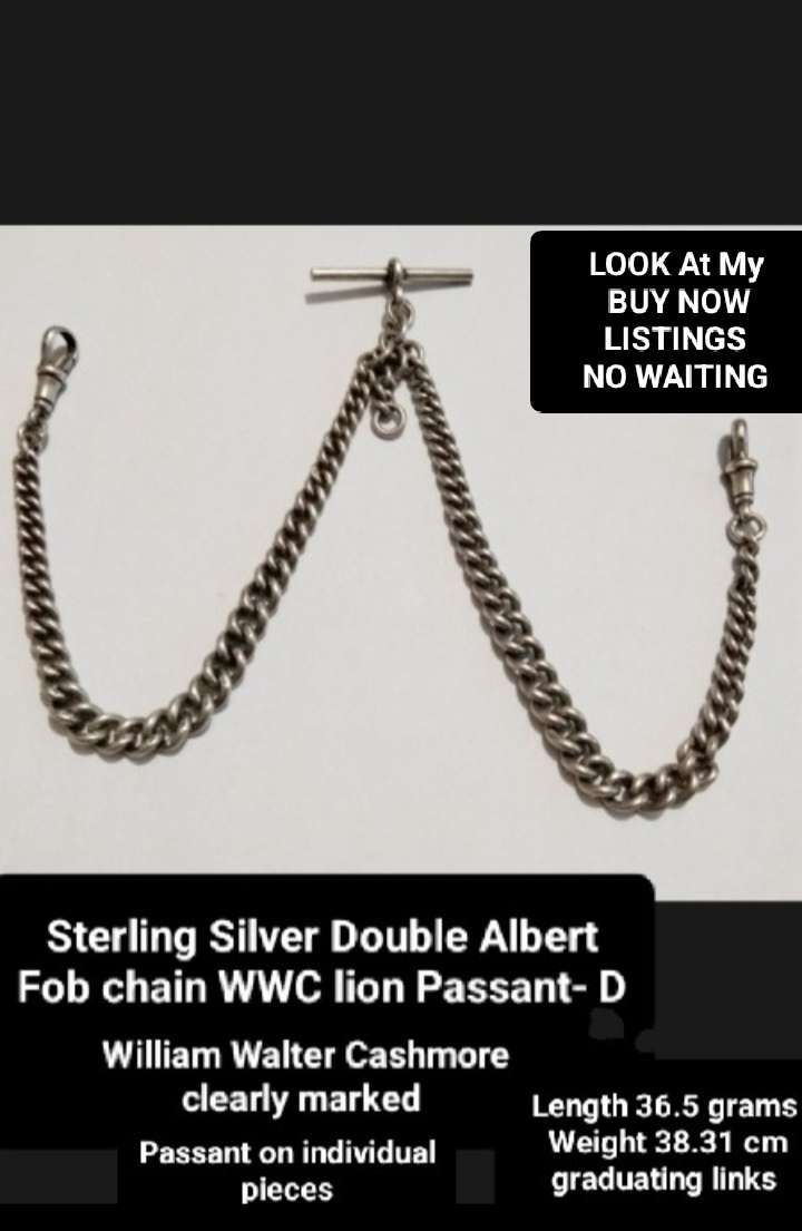 Antique STERLING SILVER double Albert Fob Chain T bar dog clips Middle dangle WWC lion Passant D