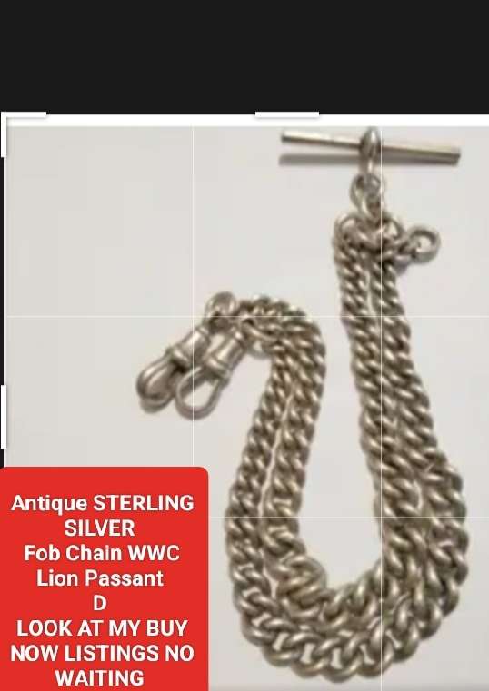 Antique STERLING SILVER double Albert Fob Chain T bar dog clips Middle dangle WWC lion Passant D