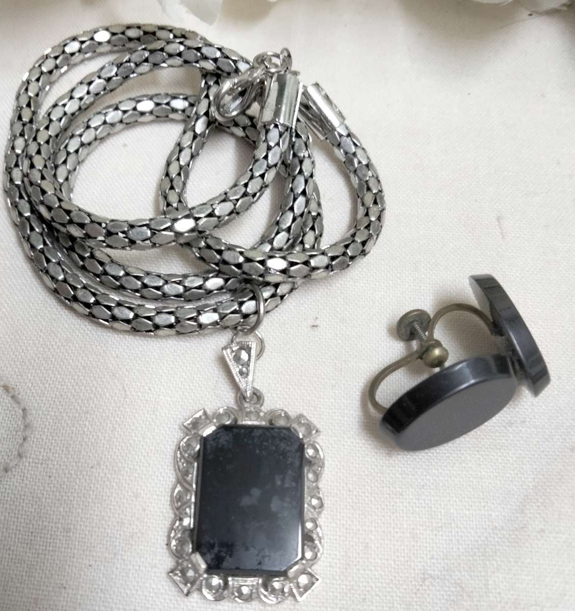 VTG Earrings LUCITE screw back+Pendant Studded MARCASITE composit stone+Snake chain silver tone