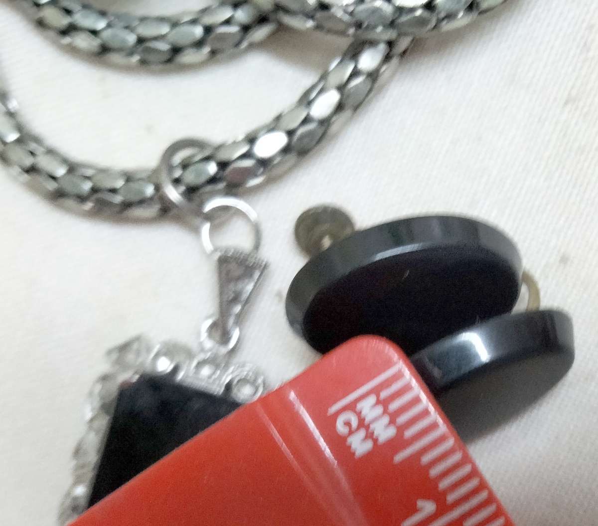 VTG Earrings LUCITE screw back+Pendant Studded MARCASITE composit stone+Snake chain silver tone