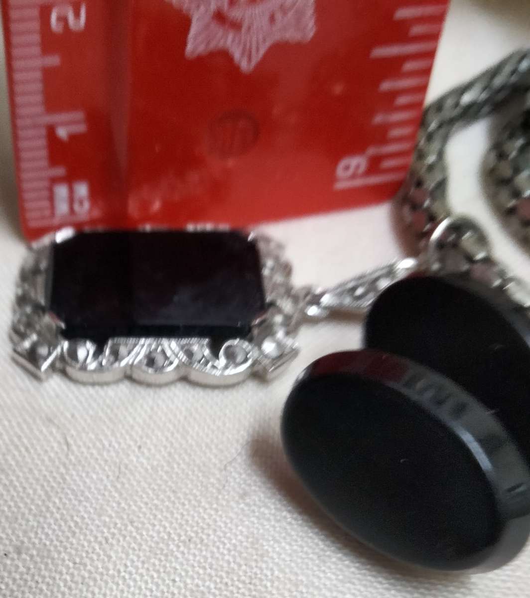 VTG Earrings LUCITE screw back+Pendant Studded MARCASITE composit stone+Snake chain silver tone