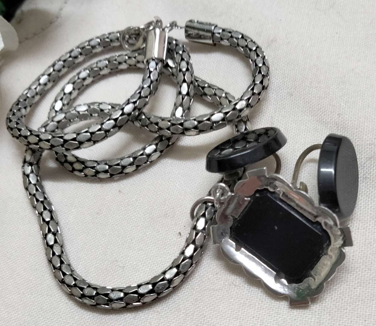 VTG Earrings LUCITE screw back+Pendant Studded MARCASITE composit stone+Snake chain silver tone