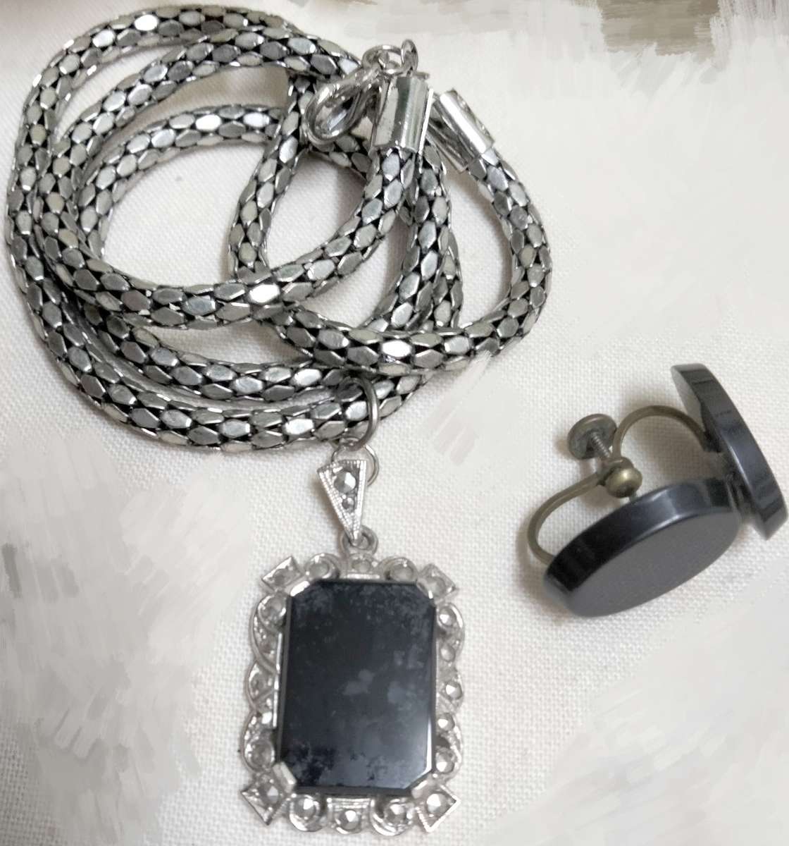 VTG Earrings LUCITE screw back+Pendant Studded MARCASITE composit stone+Snake chain silver tone