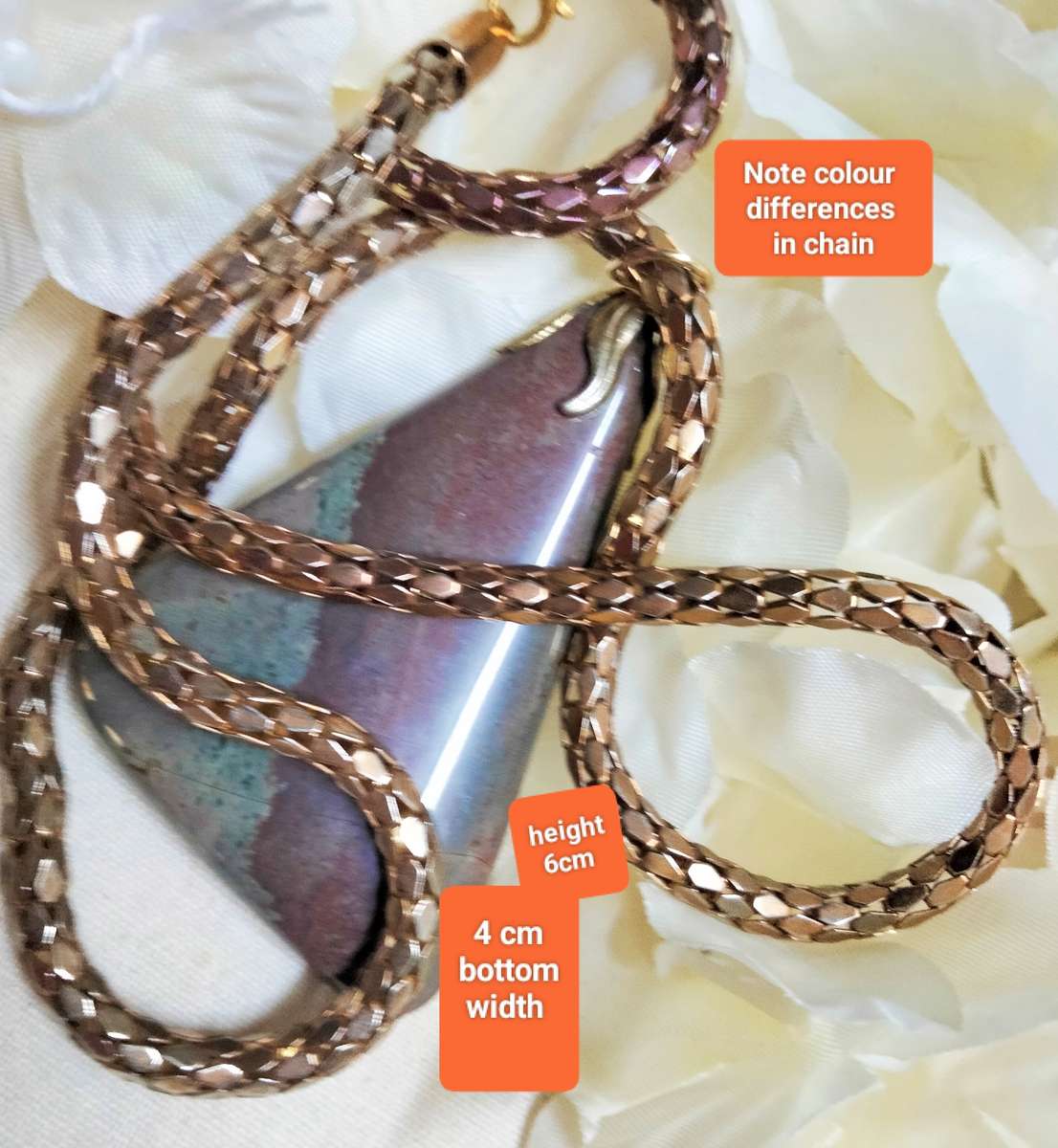 Art deco style Pendant Pinkish Semi Precious Gem Stone Gold tone Chain LOOK At My BUY NOW-NO WAITING