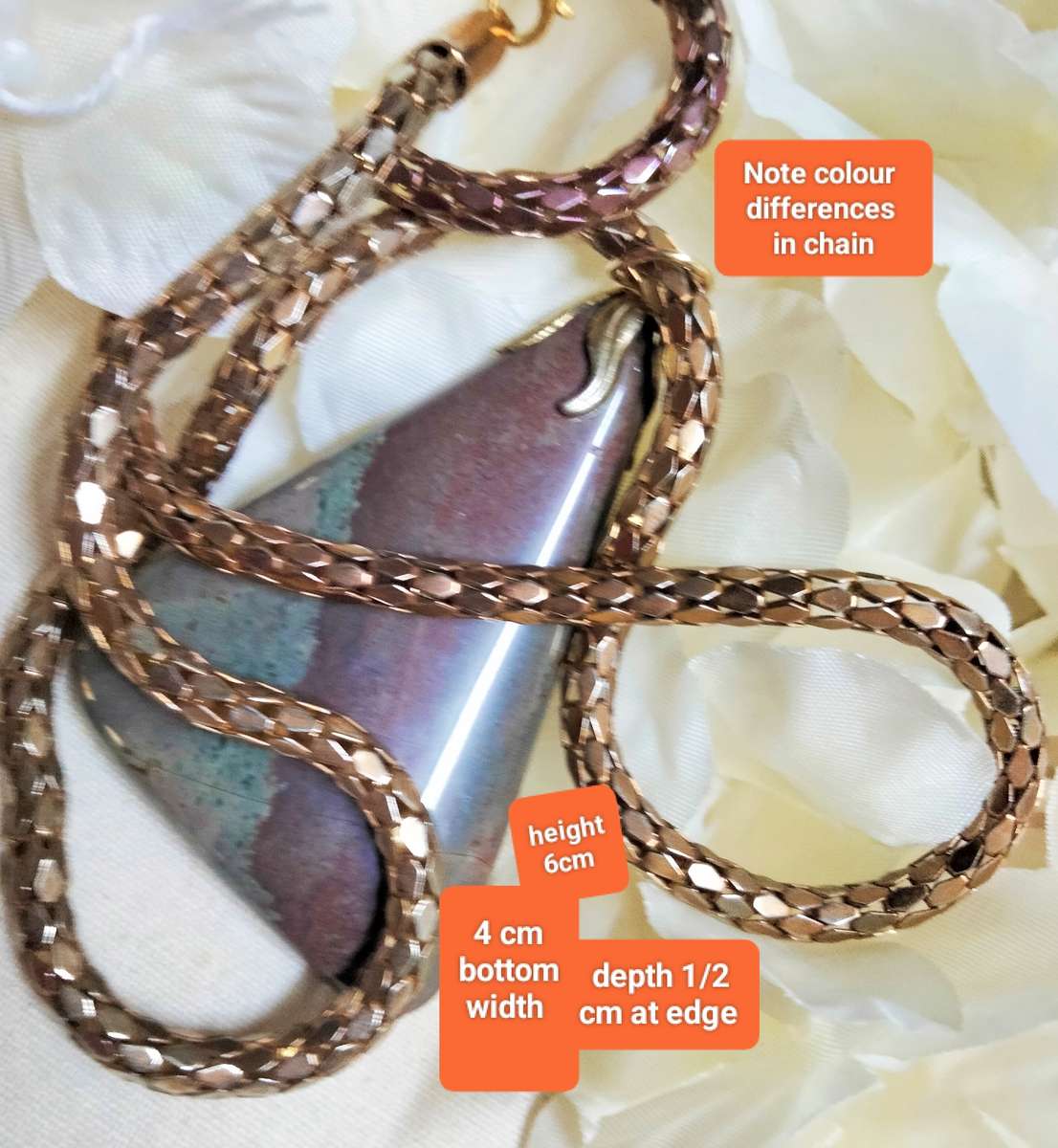 Art deco style Pendant Pinkish Semi Precious Gem Stone Gold tone Chain LOOK At My BUY NOW-NO WAITING