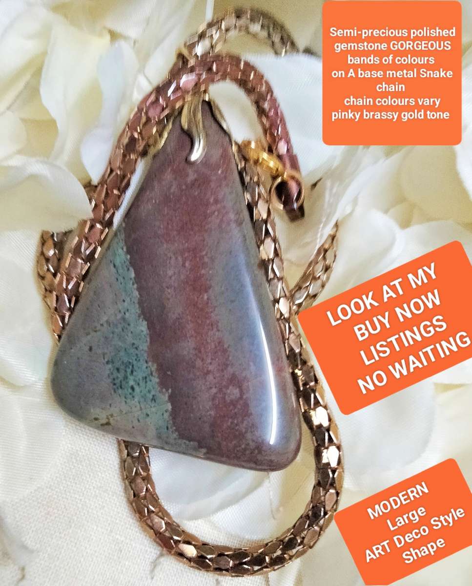 Art deco style Pendant Pinkish Semi Precious Gem Stone Gold tone Chain LOOK At My BUY NOW-NO WAITING