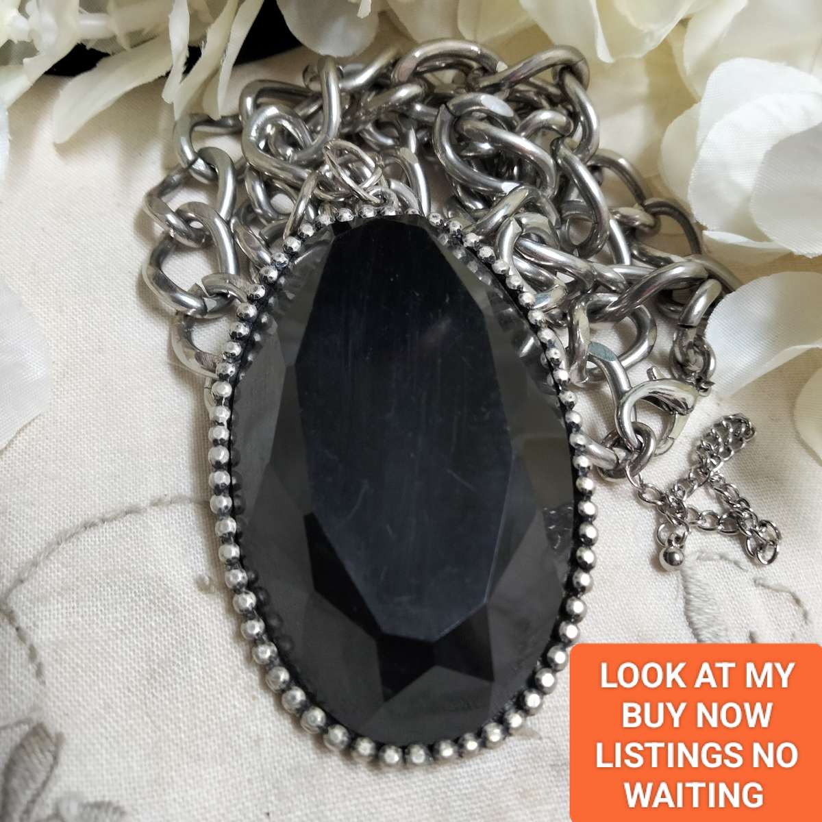 NECKLACE- STUNNING -LARGE black PENDANT studded silver tone synthetic + Chain Chunky SILVER tone