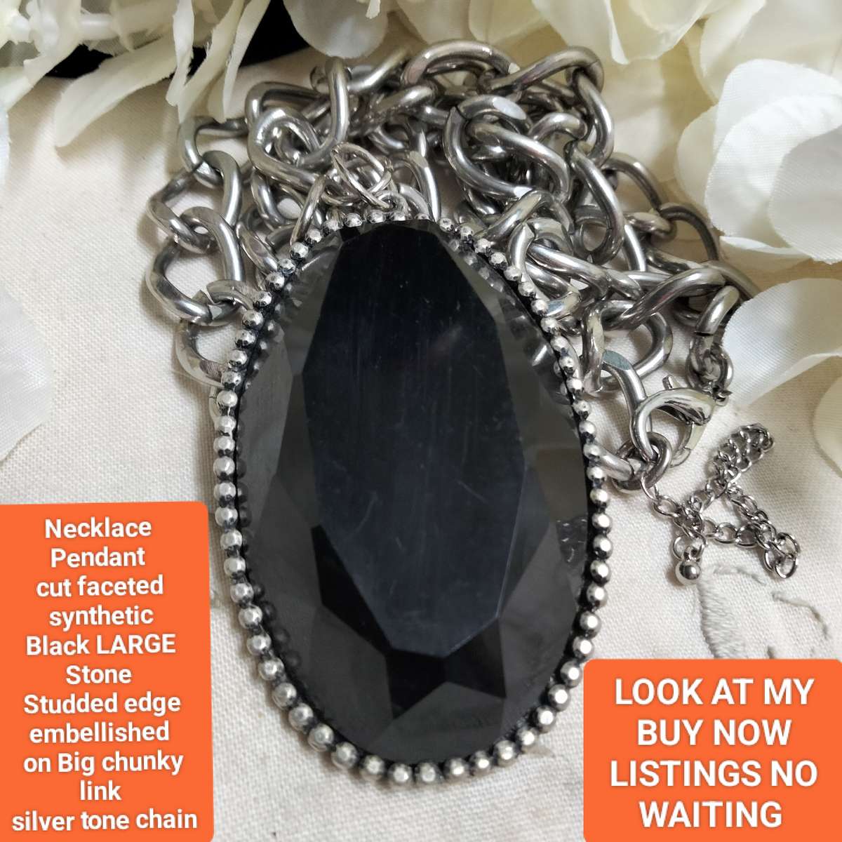 NECKLACE- STUNNING -LARGE black PENDANT studded silver tone synthetic + Chain Chunky SILVER tone