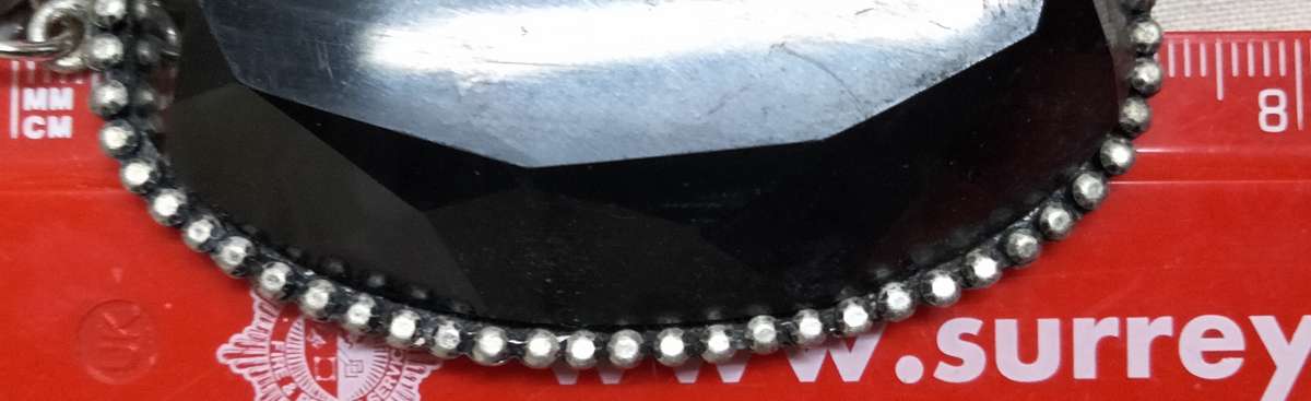 NECKLACE- STUNNING -LARGE black PENDANT studded silver tone synthetic + Chain Chunky SILVER tone