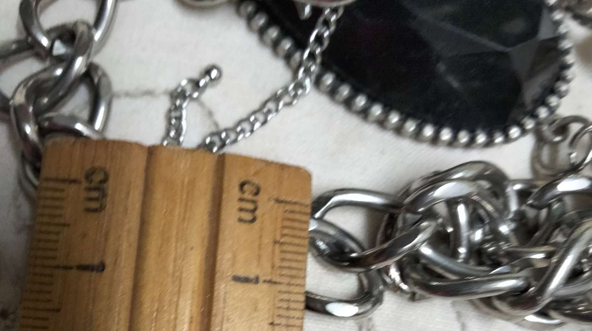 NECKLACE- STUNNING -LARGE black PENDANT studded silver tone synthetic + Chain Chunky SILVER tone