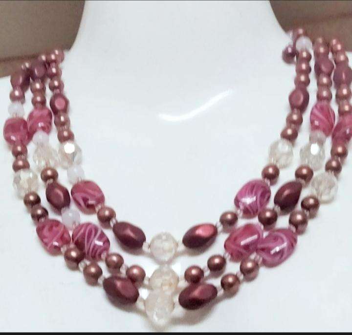 Necklace Bib 3 strand Czechoslovakia Purple Swirl glass hand made+Crystals faceted cut glass beads