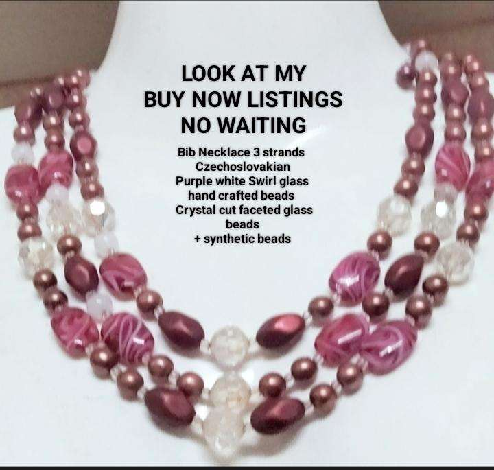 Necklace Bib 3 strand Czechoslovakia Purple Swirl glass hand made+Crystals faceted cut glass beads