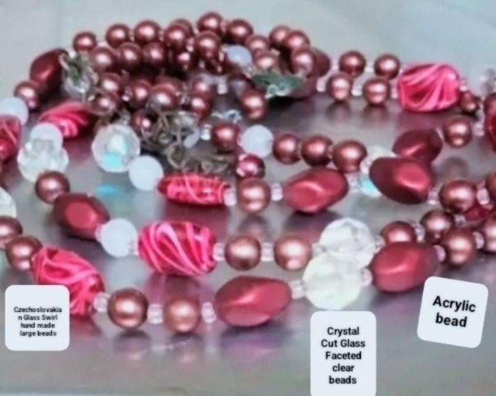 Necklace Bib 3 strand Czechoslovakia Purple Swirl glass hand made+Crystals faceted cut glass beads