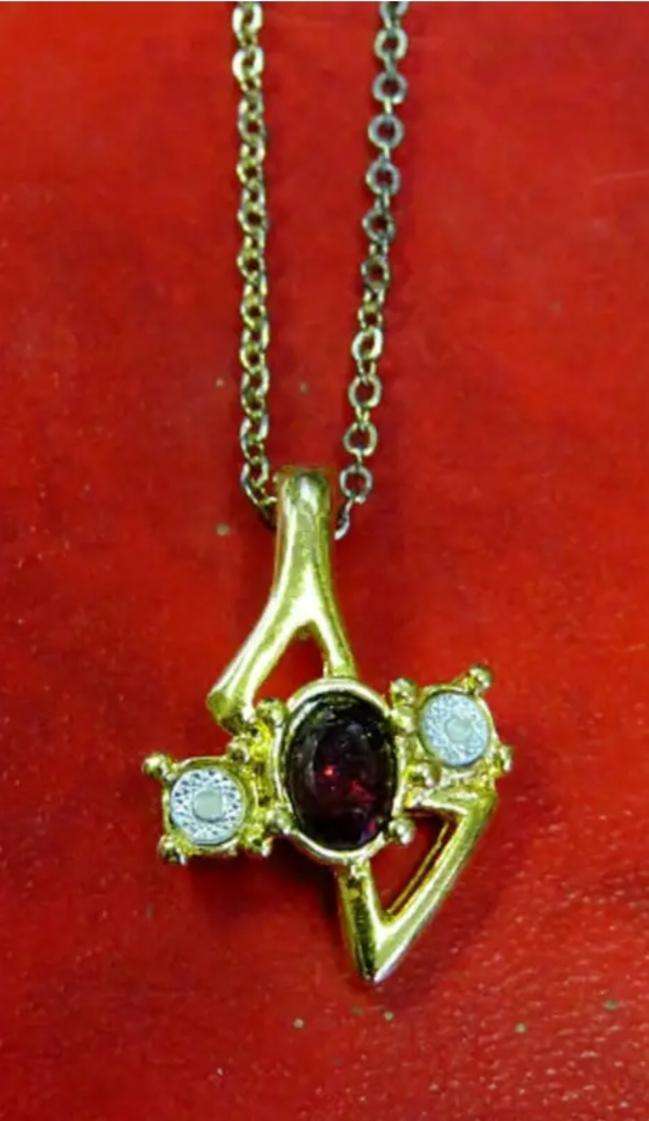 Post-Ordered Circa 1965to1975 Golden Pendant with Garnet at Center + Juxtaposing Diamond Chips LOOK