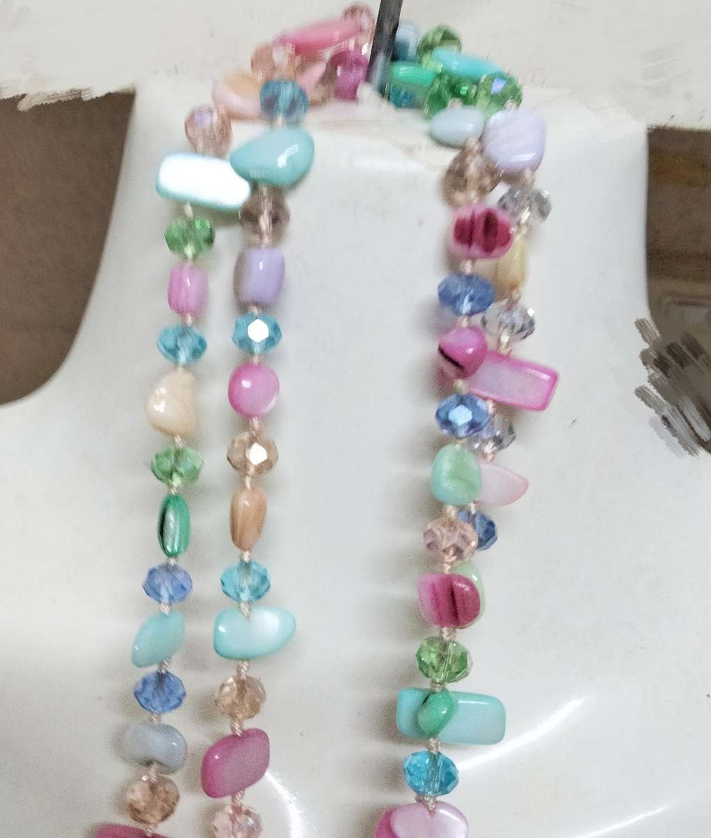 Necklace Genuine Mother of Pearl+ crystals cut glass Pastel shades hand knott between each bead