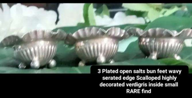 3 Silver plate open Salts - Cauldron bun feet  Scalloped Serated top - small - Inner verdigris