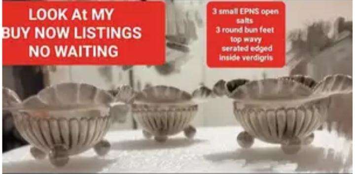 3 Silver plate open Salts - Cauldron bun feet  Scalloped Serated top - small - Inner verdigris