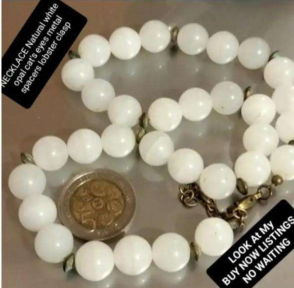 Necklace -Natural WHITE OPAL Cat's eyes SemiPrecious GEM stone cut Polished  stripes like cats eyes