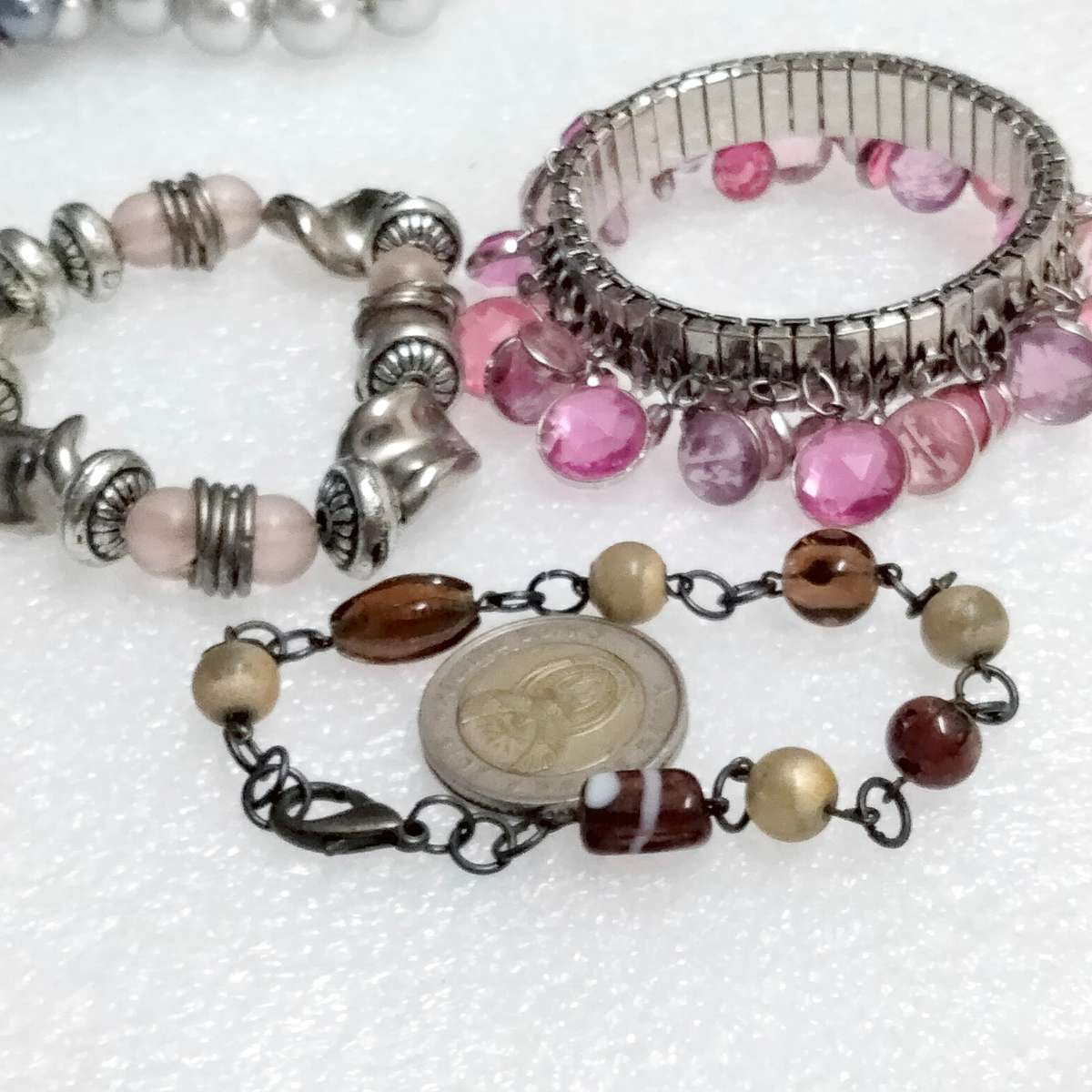 Bracelets 3 one stretch - mixture of Vintage MURANO Lampwork glass beads +charms +or spacers metal