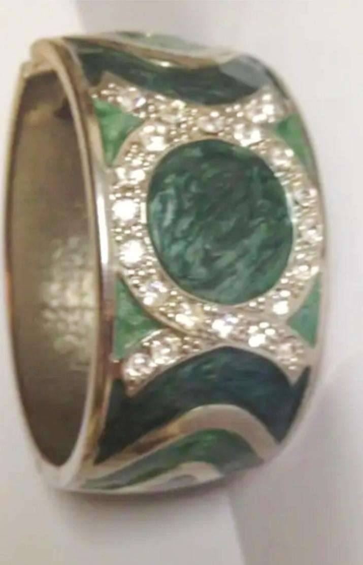 Bangle green colour- rhinestones wide cuff hinged clamper clasp