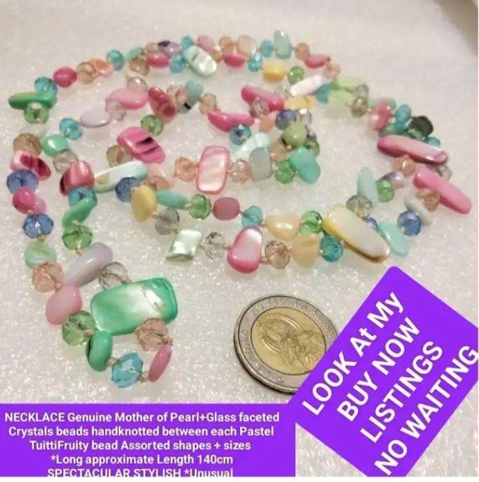 Necklace Genuine Mother of Pearl+ crystals cut glass Pastel shades hand knott between each bead