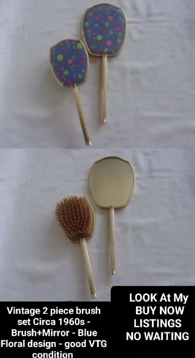Mirror+Brush2 piece Set Vanity dressing table decor Blue floral Vintage 1960s Gilding loss