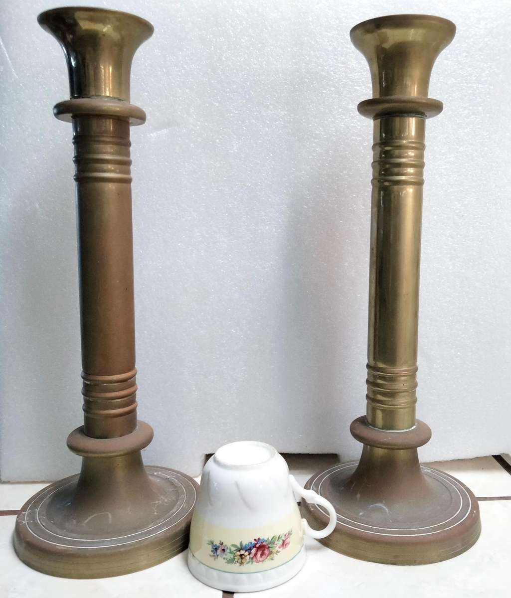 2 Corinthian Column Candle Sticks Vintage BRASS 2.428 kgs H35cmLOOK atMy BUY NOW LISTINGS NO WAITING