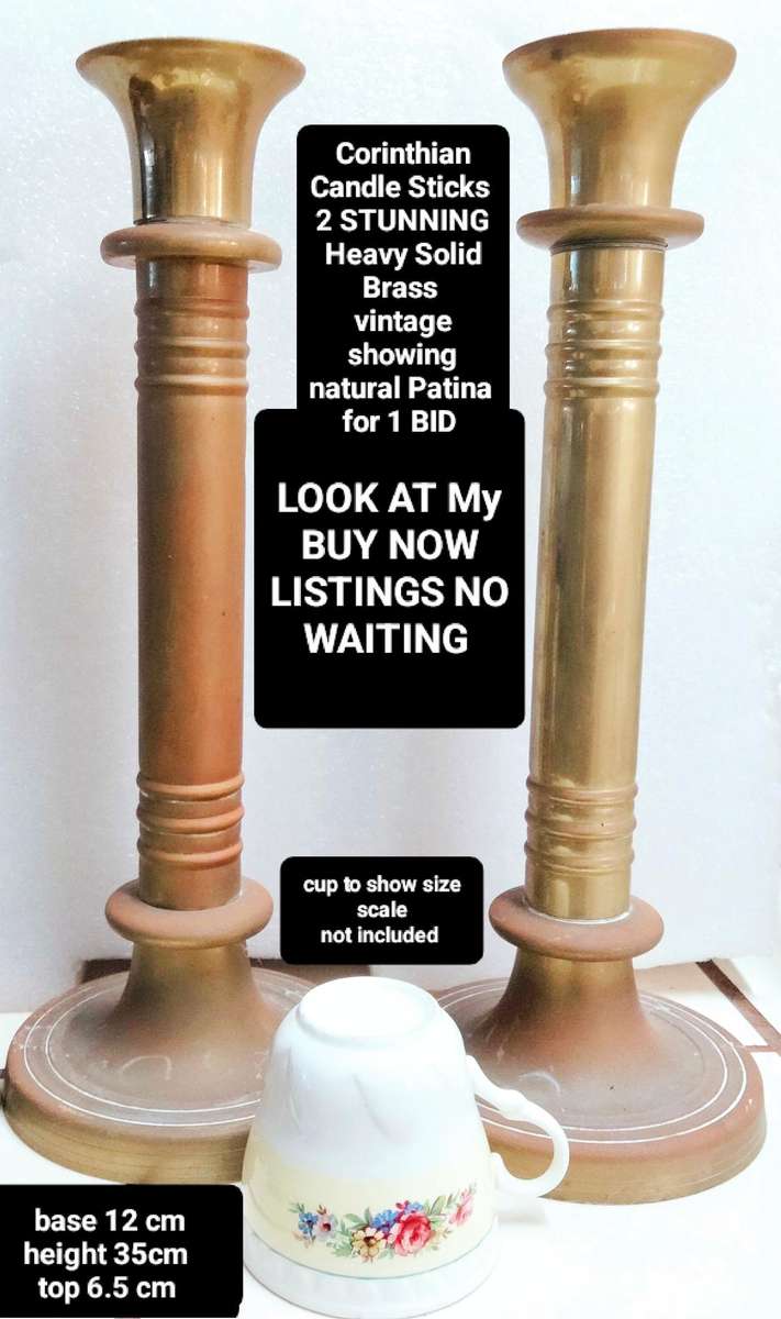 2 Corinthian Column Candle Sticks Vintage BRASS 2.428 kgs H35cmLOOK atMy BUY NOW LISTINGS NO WAITING