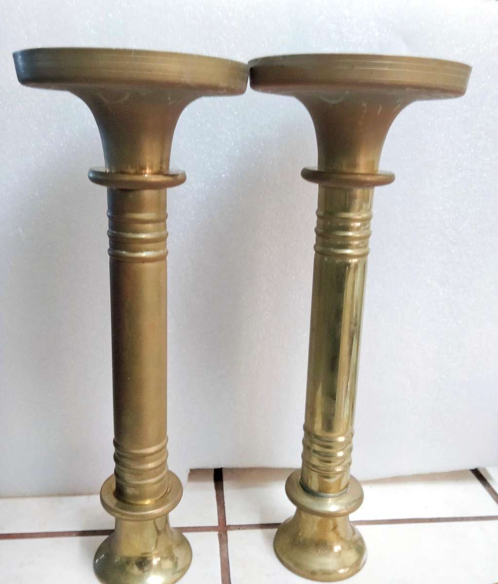 2 Corinthian Column Candle Sticks Vintage BRASS 2.428 kgs H35cmLOOK atMy BUY NOW LISTINGS NO WAITING