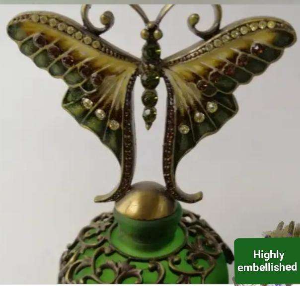 Perfume  GLASS Art green BOTTLE + Butterfly embellished gold tone filigree empty
