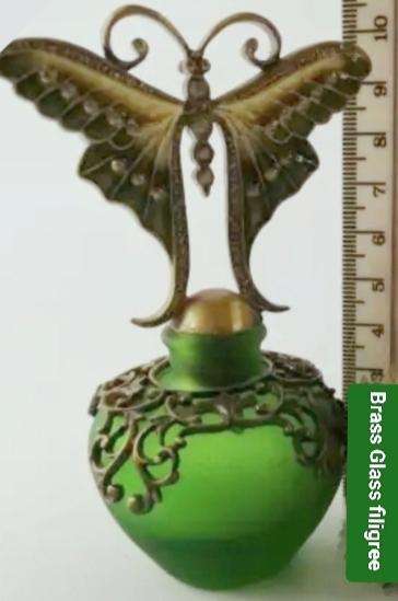 Perfume  GLASS Art green BOTTLE + Butterfly embellished gold tone filigree empty