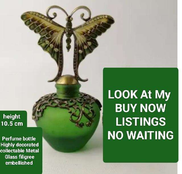 Perfume  GLASS Art green BOTTLE + Butterfly embellished gold tone filigree empty