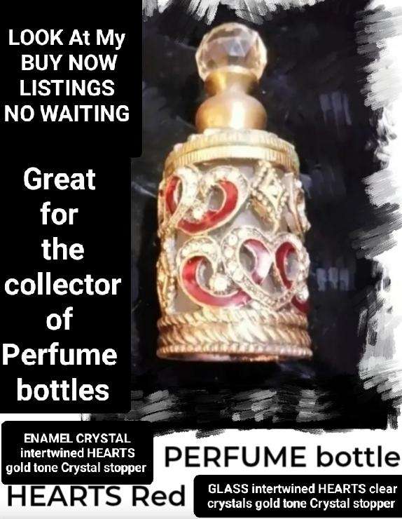 PERFUME bottle HEARTS crossover Red Enameled+Crystals+Stoper finial faceted Crystal + metal dauber