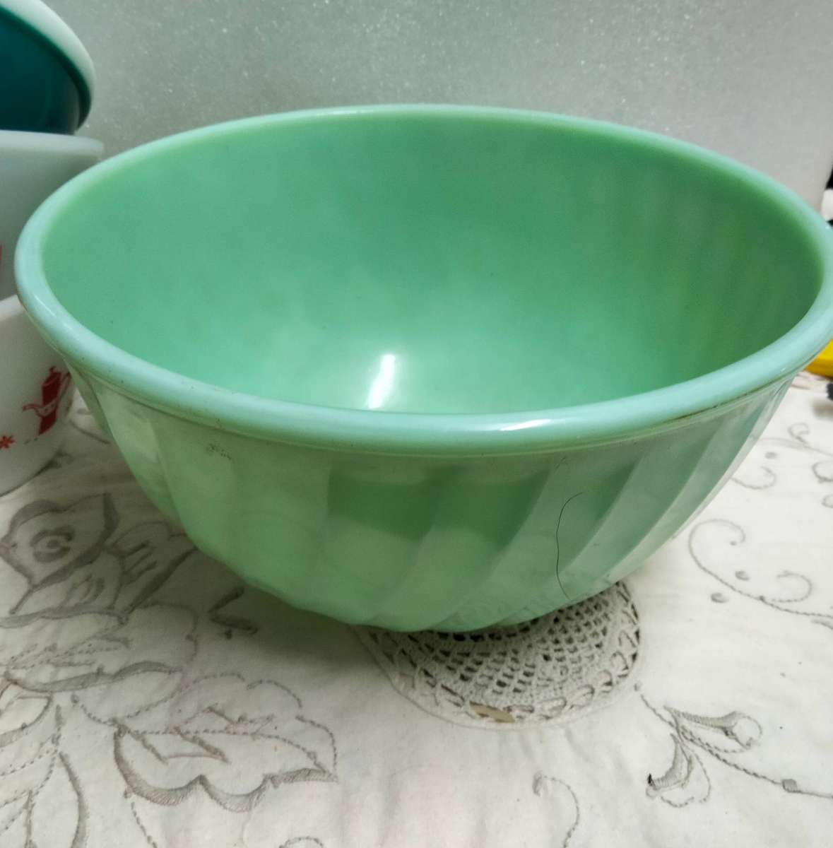 4-1Jadeite Swirl milk Glass Mixing Bowl Oven Ware FIREKING USA+3othersLOOK AT MY BUY NOW-NO WAITING