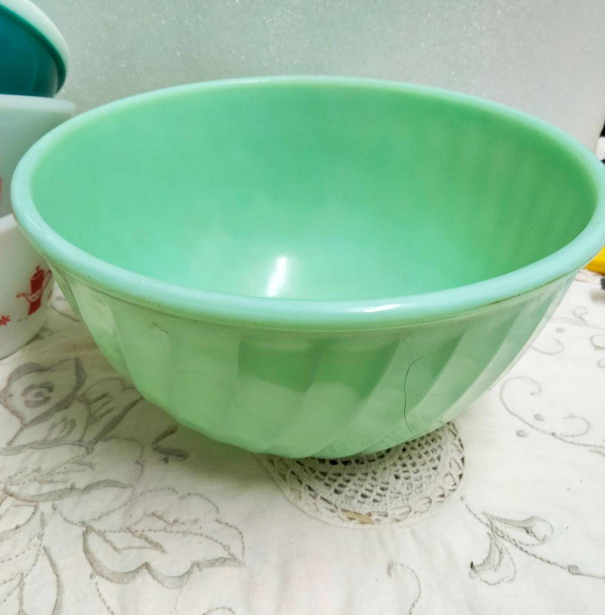 4-1Jadeite Swirl milk Glass Mixing Bowl Oven Ware FIREKING USA+3othersLOOK AT MY BUY NOW-NO WAITING